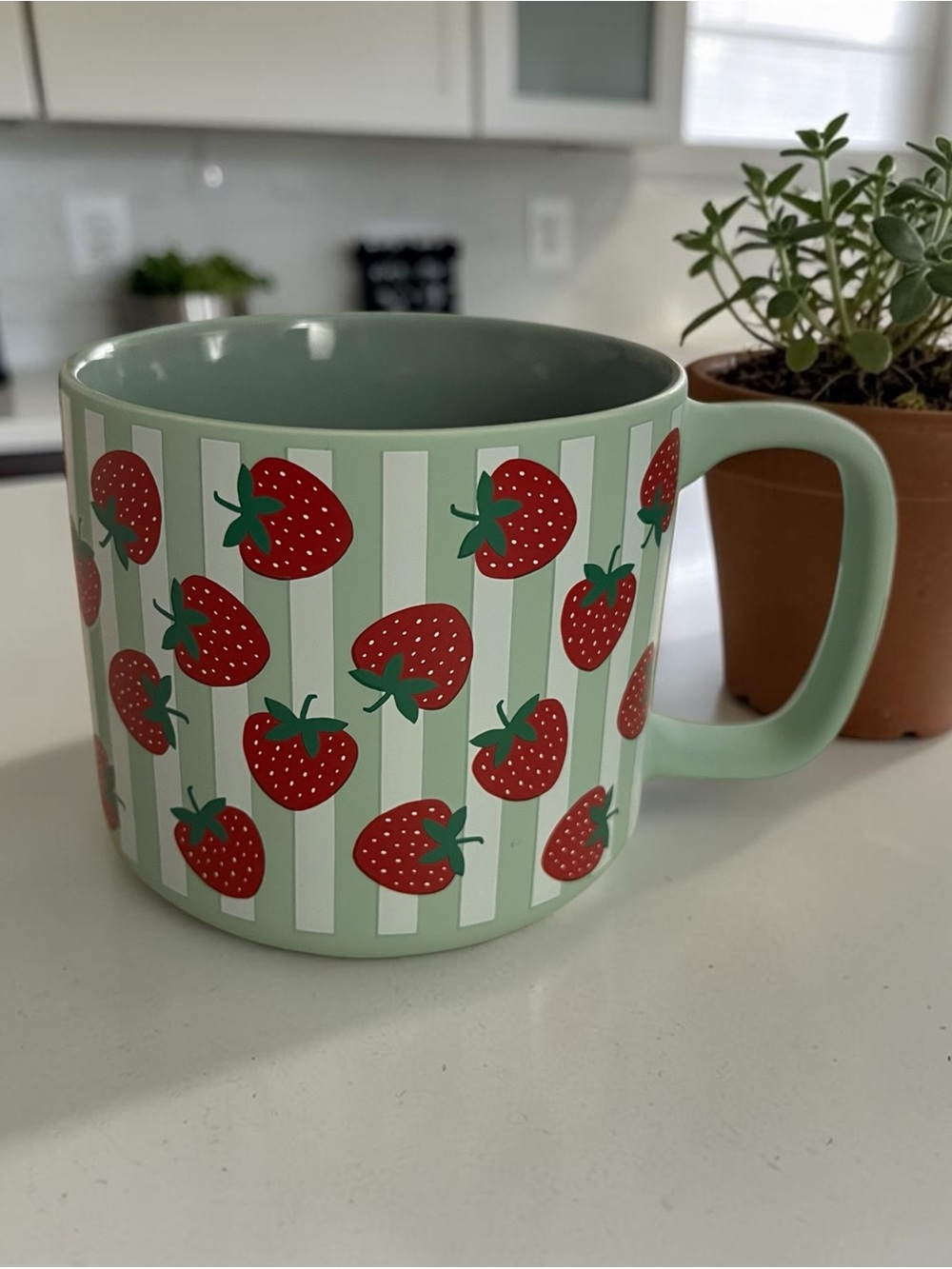Mint Green Strawberry Pattern Ceramic Coffee Mug - New